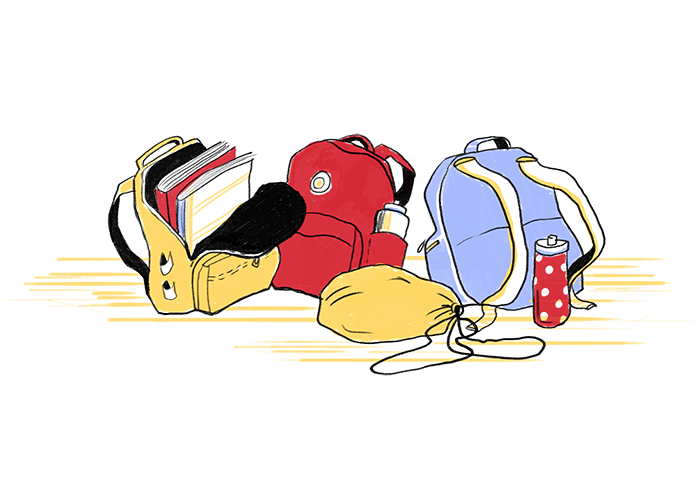 Illustration of colorful school backpacks.