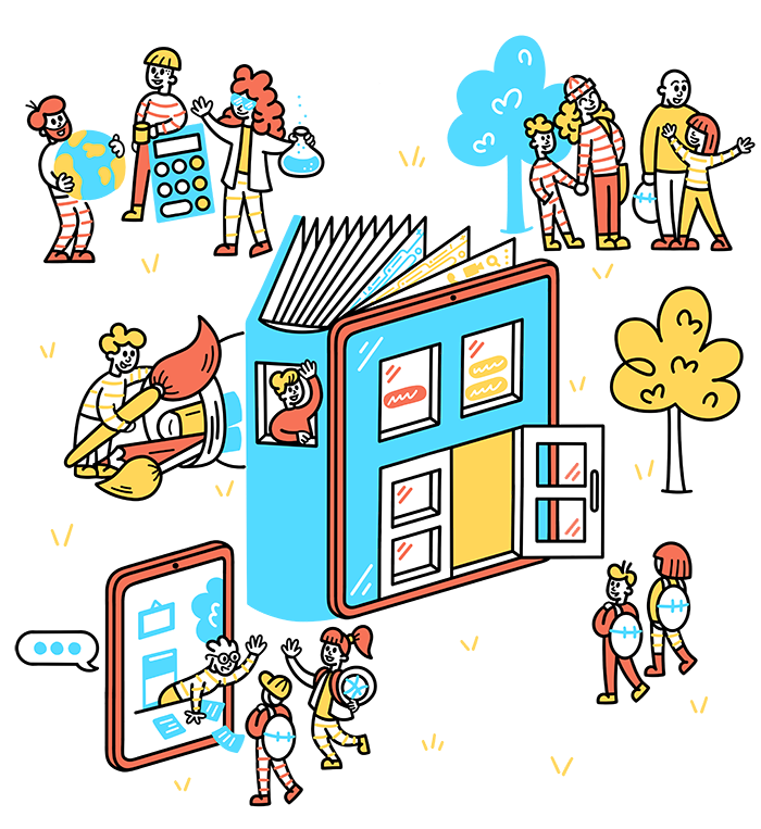 Illustration of a school, students, and teachers