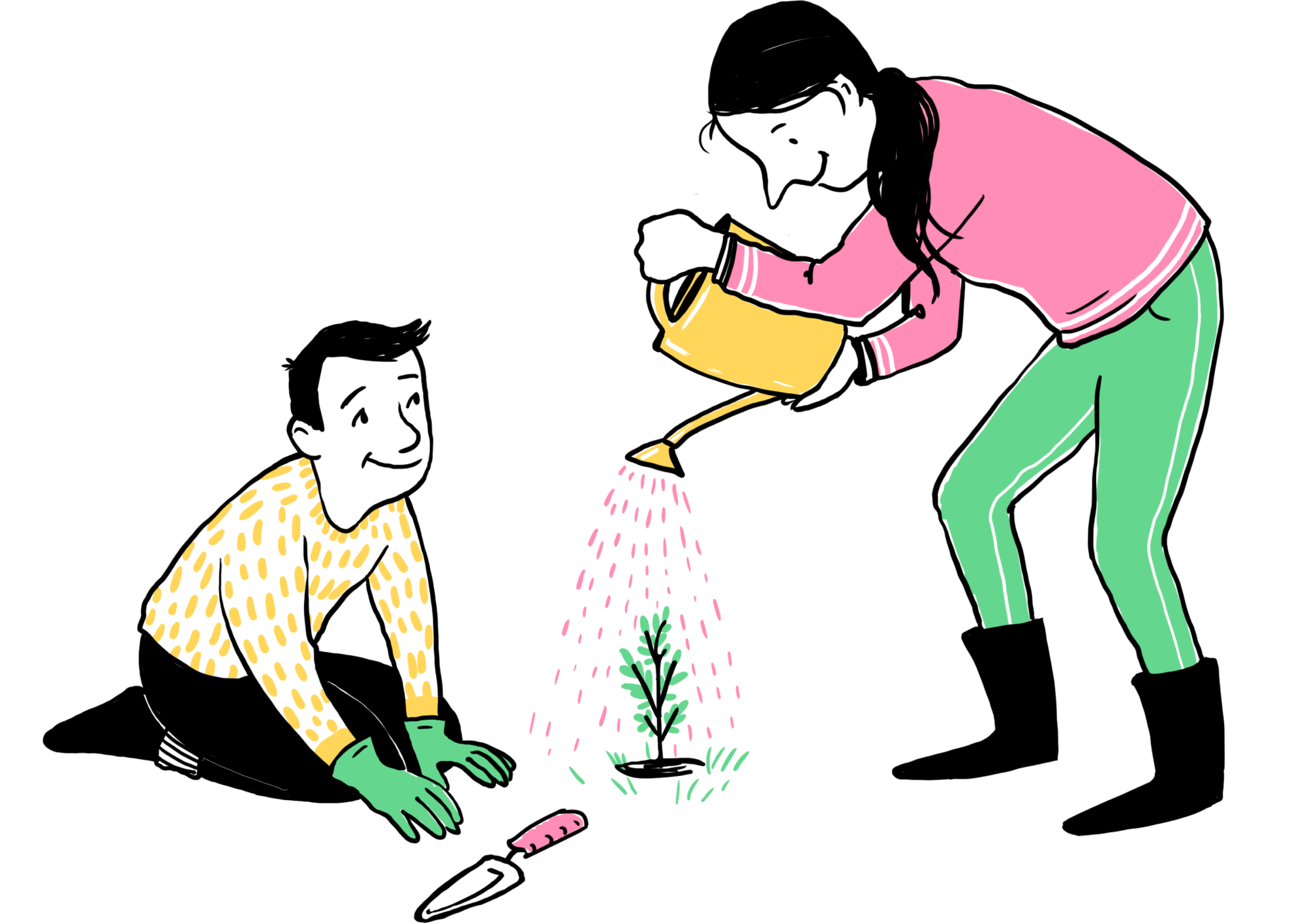 Illustration of two people planting a tree.