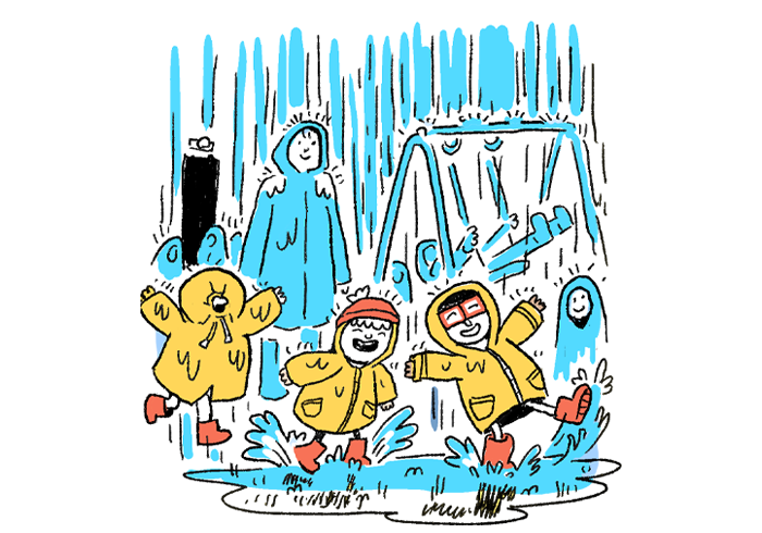 An illustration of Fjóla during recess in pouring rain with other children