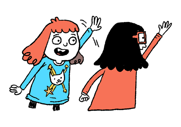Illustration of Fjóla with a friend during recreation