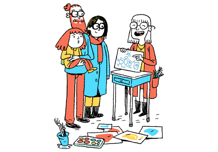 Illustration of Fjóla with her parent and the arts and crafts teacher