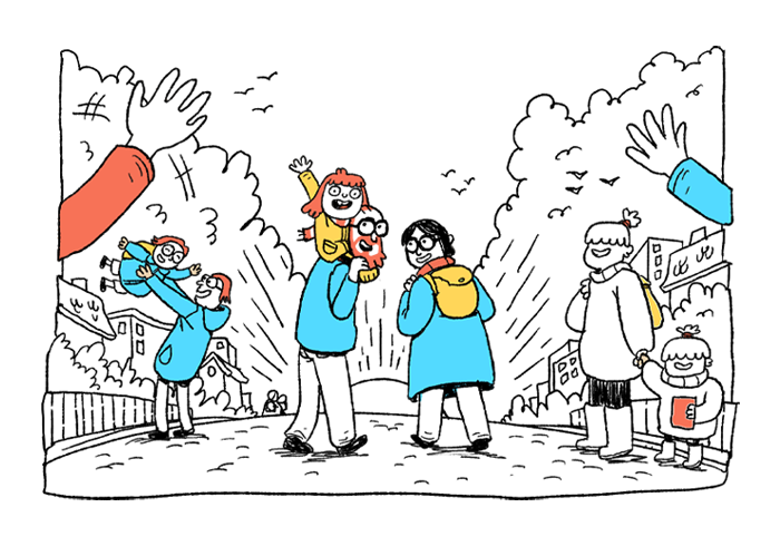 Illustration of Fjóla heading to school with other students and parents