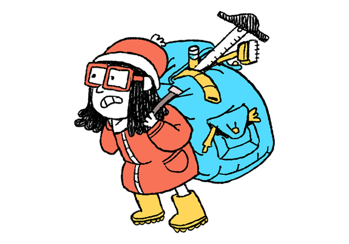 Illustration of Fjóla with a large, heavy school backpack