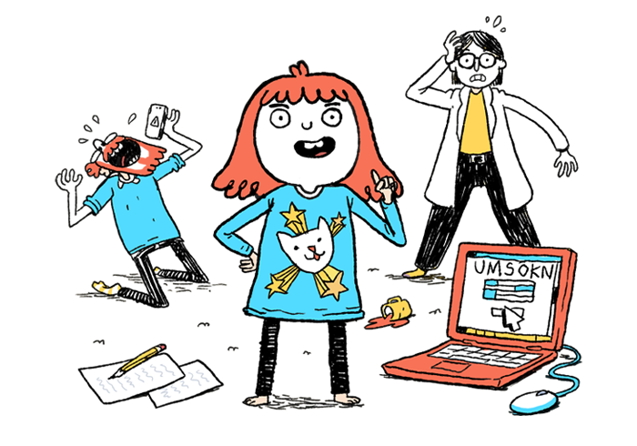 Illustration of Fjóla filling out an application with her parents