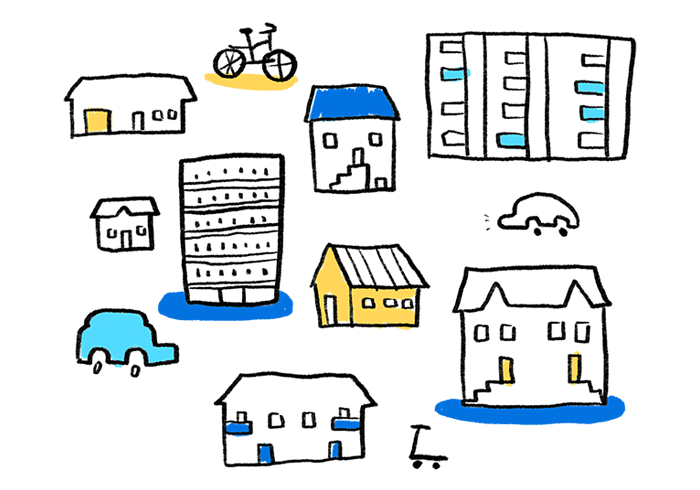 Illustration of houses, cars and a bicycle.