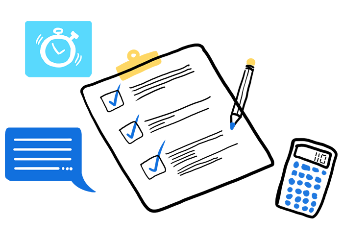 Illustration of a to-do list, clock, calculator, and speech balloon.