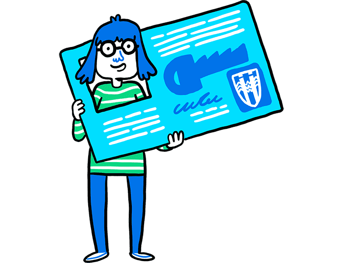 Illustration of a person holding a large payment card with the Reykjavík City logo.
