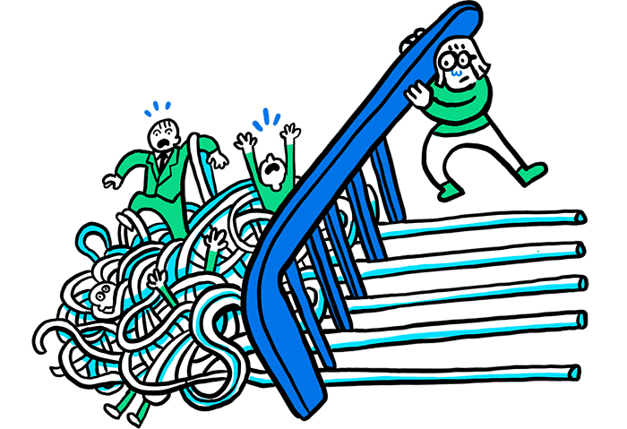 Illustration of a woman untangling a mess with a giant comb.