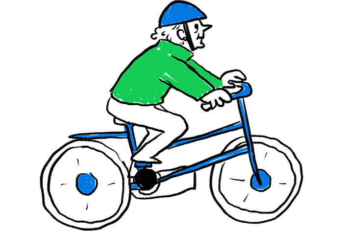 Illustration of an older man on a bicycle.