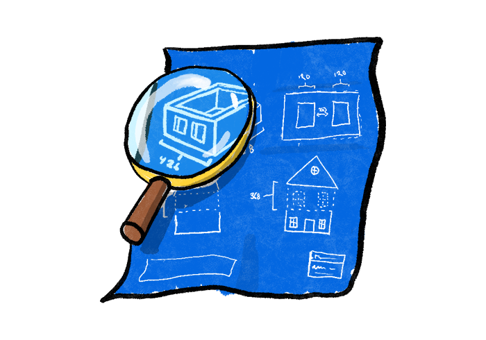 Illustration of a sheet with houses and a magnifying glass highlighting one house in detail.