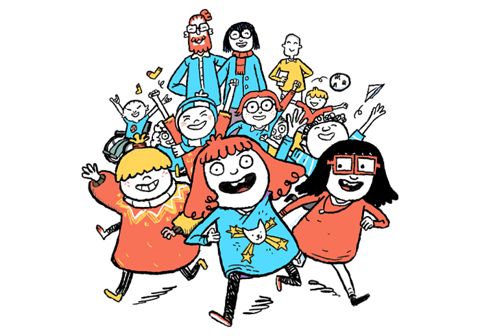 Illustration of Fjóla and her classmates together with two teachers.