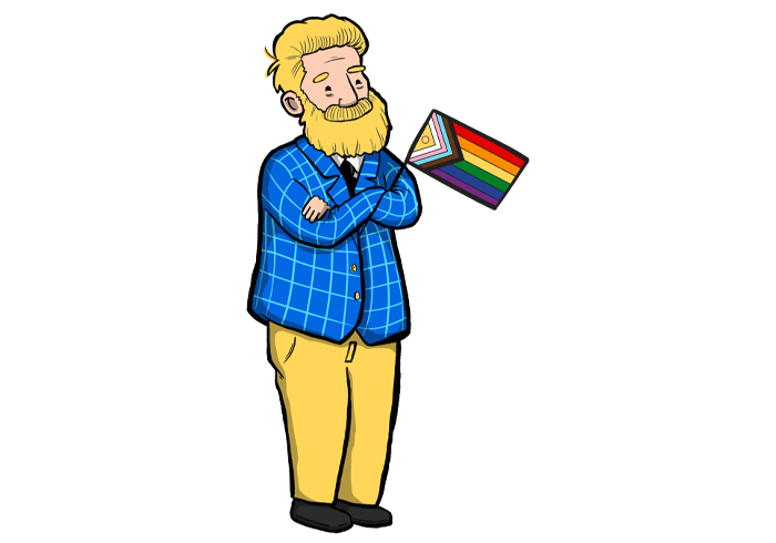 Drawing of a man in a suit with an LGBT+ flag.