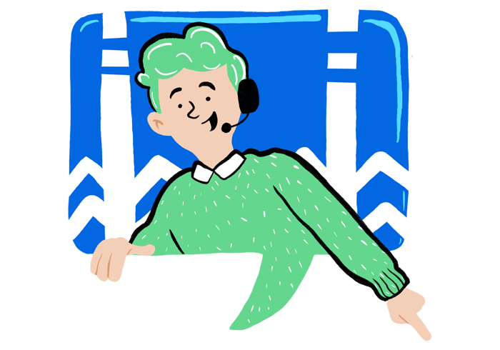 Illustration of a service representative pointing to the web assistant.