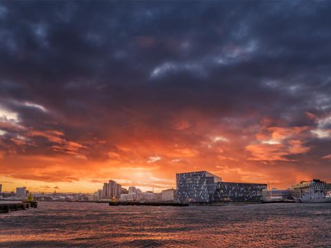 Harpa og sjórinn og sólarlag.