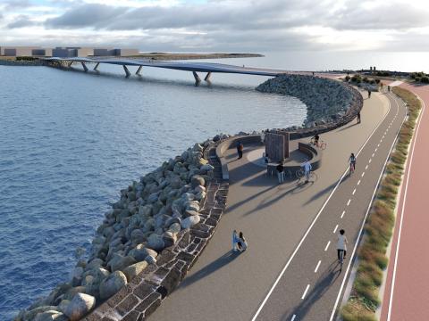 Illustration of the biking and walking area by the upcoming Fossvogur Bridge. Ocean, people, water, bridge.