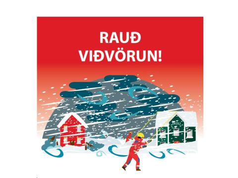 Graphic illustration. "Red alert" in white text at the top. Reddish image depicting severe weather, with a person in the foreground.