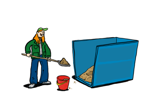 Illustration of a woman shoveling compost from a container