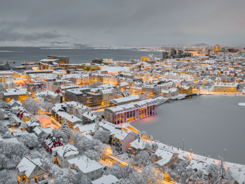 Aerial view of City Hall and Tjörnin with surrounding area in heavy snow