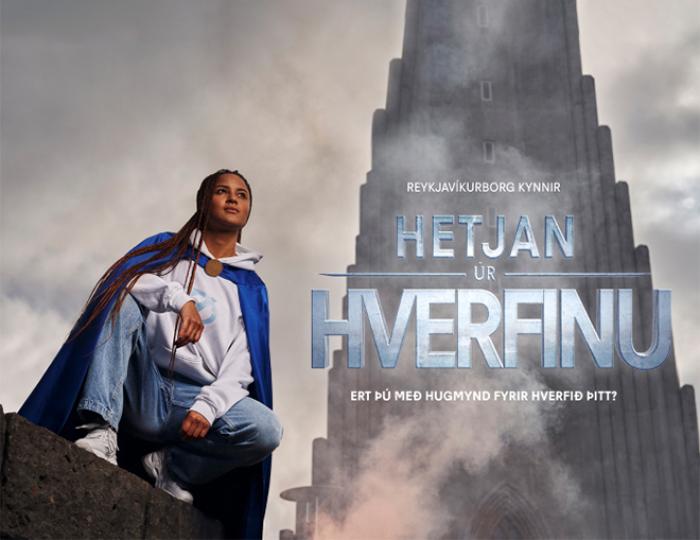 The Neighborhood Hero posing in front of Hallgrímskirkja.