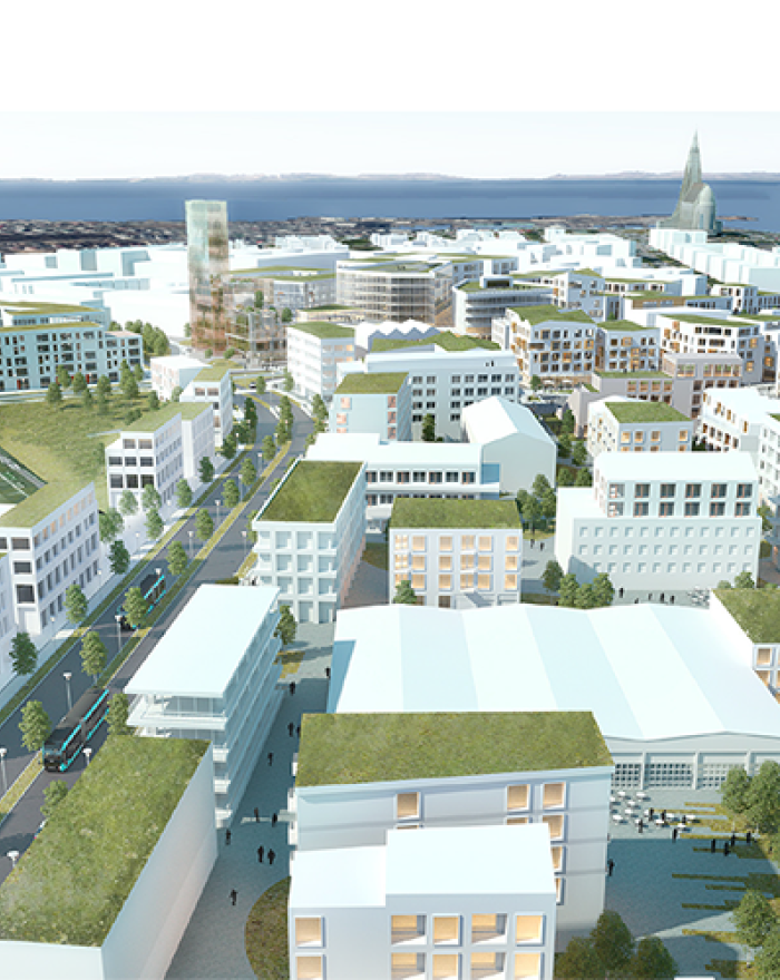 Tölvugerð mynd af Miklubraut. Mörg hús, gróður og Hallgrímskirkja.