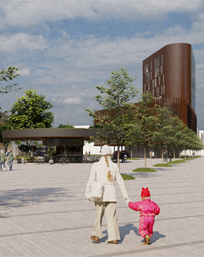 Rendering of an adult leading a child through a beautiful square.