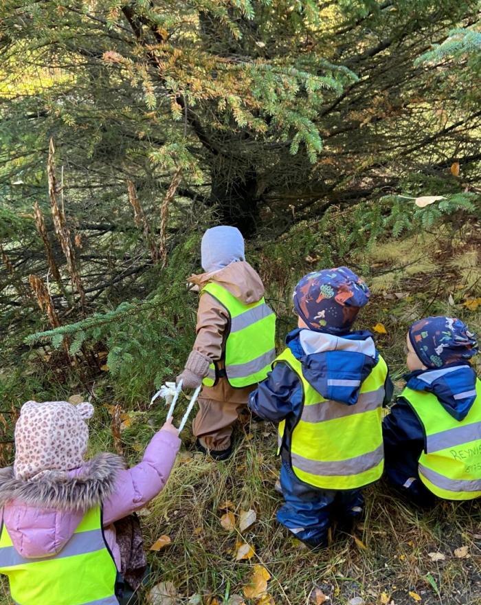Preschool children in yellow vests from Reynisholt preschool on a nature walk in the forest