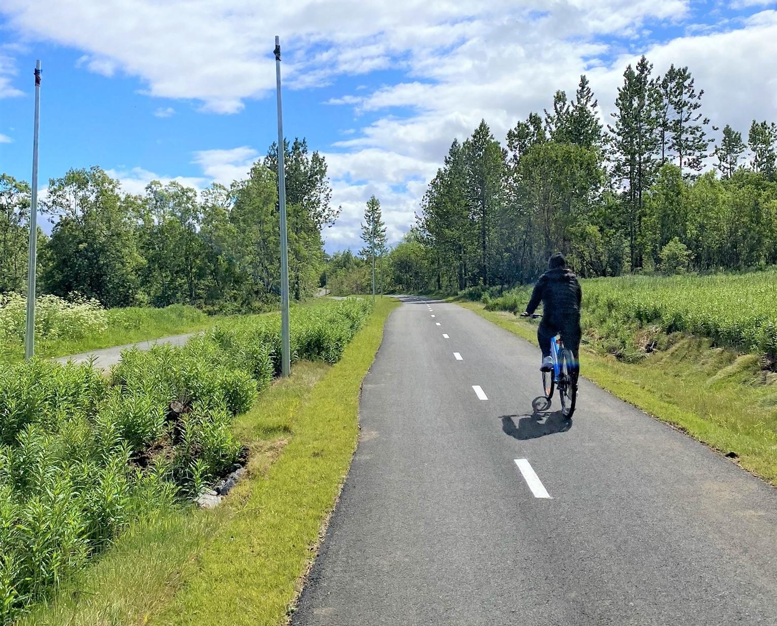 Hjólreiðamaður á ferð á hjólastíg í Elliðaárdal.