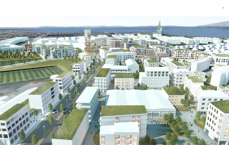 Tölvugerð mynd af Miklubraut. Mörg hús, gróður og Hallgrímskirkja.