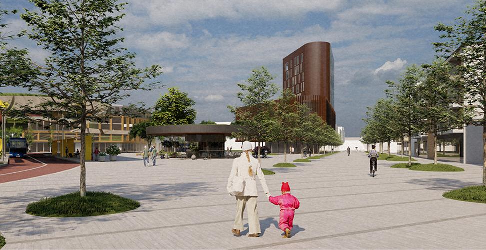 Rendering of an adult leading a child through a beautiful square.