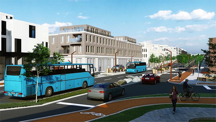 Rendering of transportation options near the new Vogabyggð neighborhood. Strætó Public Transport serves the neighborhood.