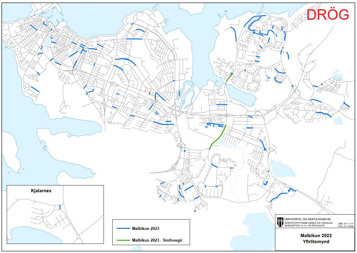Kort yfir malbikunarframkvæmdir í Reykjavík 2023.