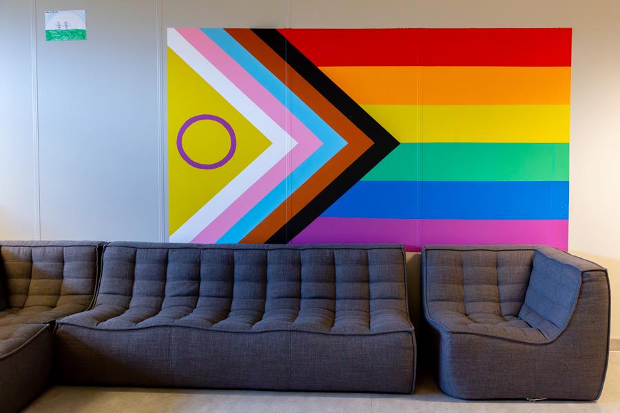 A gray corner couch with an LGBT+ flag above it. 