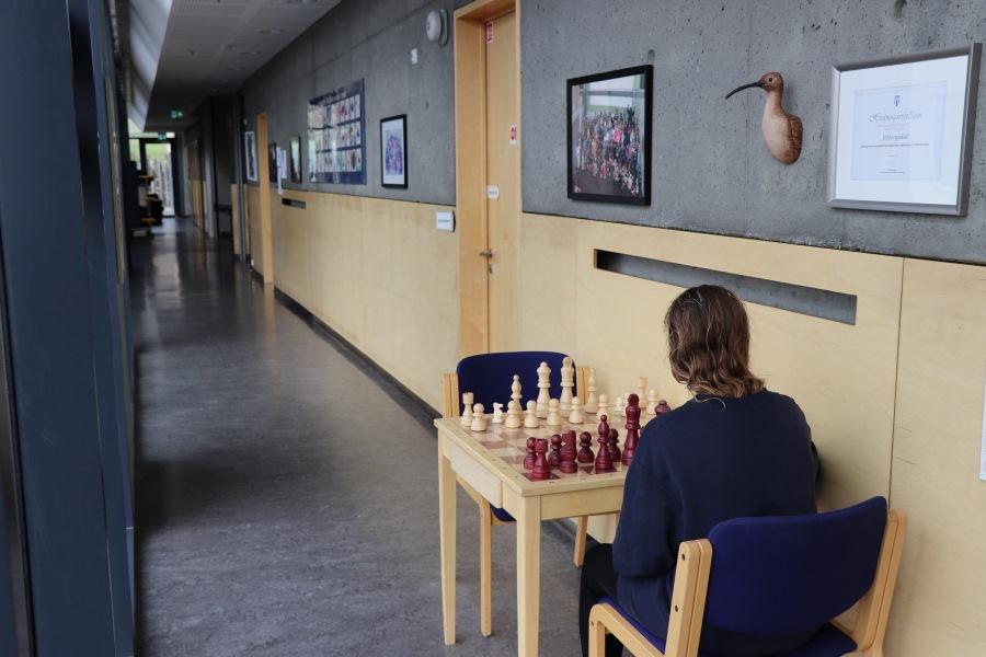 Ungmenni situr við taflborð á gangi. Myndir á vegg. 