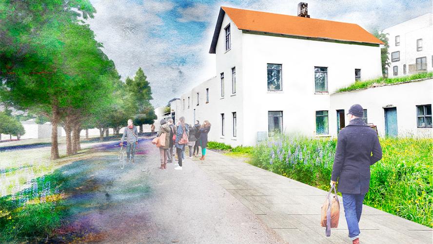 Tölvuteiknuð mynd af fólki á göngugötu í Keldnahverfi.