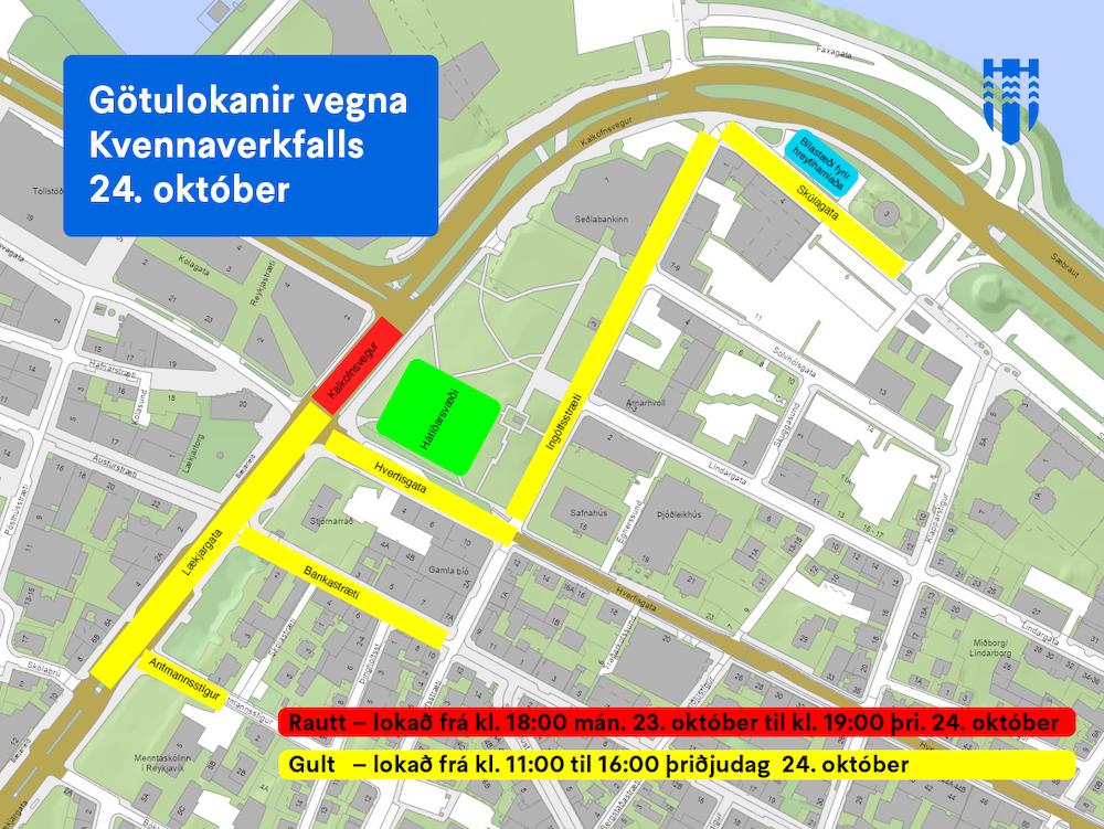 Kort af götulokunum á íslensku.