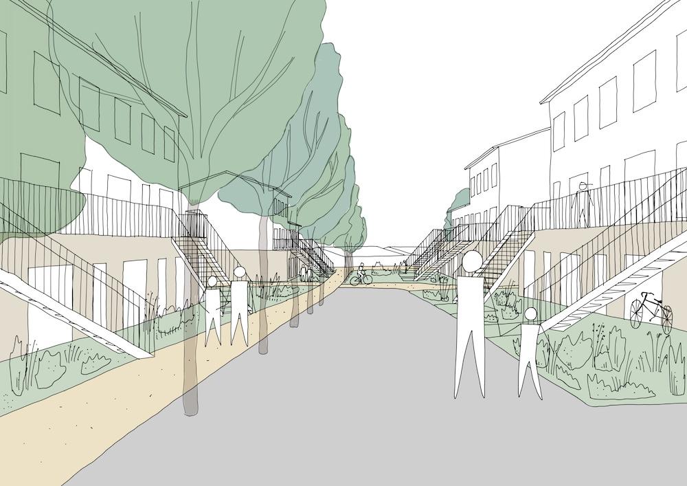 Illustration of buildings and people.
