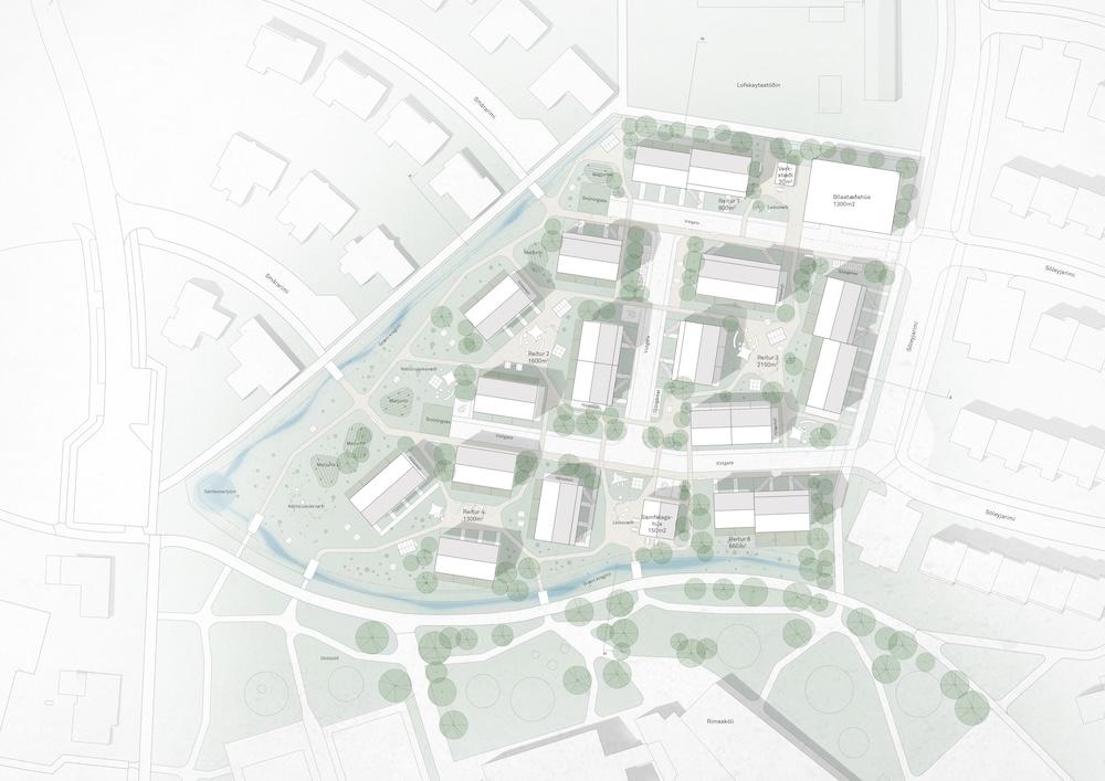 Illustration. Aerial view of houses and streets.