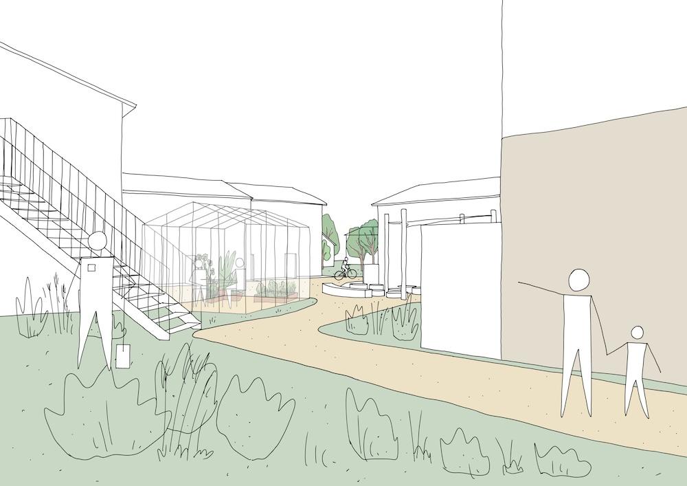 Illustration of buildings and people.