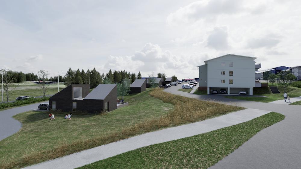 Teikning af húsum og götu.