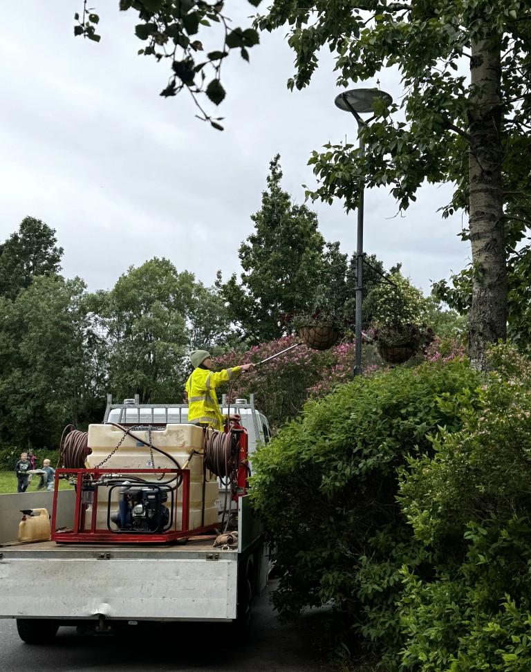 Watering hanging flower baskets