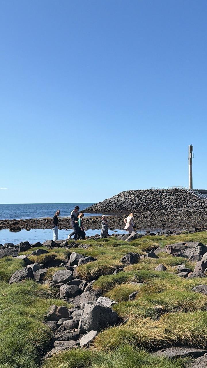 Teachers participating in an outdoor class by the shoreline.