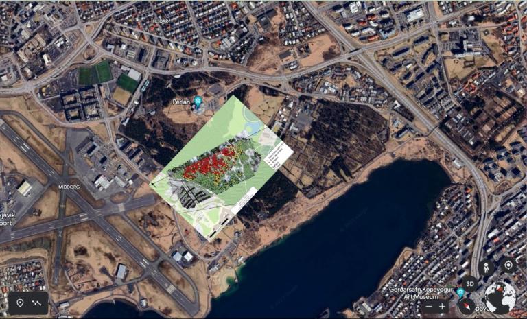 Hér hefur grafískri mynd Isavia, sem notuð er til grundvallar fyrir grafískar myndir Reykjavíkurborgar til að sýna áhrif skógarhöggs í Öskjuhlíð sem Isavia fer fram á, verið skeytt saman við loftmynd úr Borgarvefsjá.