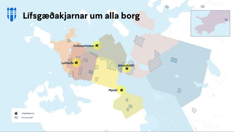 Grafískt kort sem sýnir staðsetningu á fyrirhugaðri uppbyggingu lífsgæðakjarna í borginni