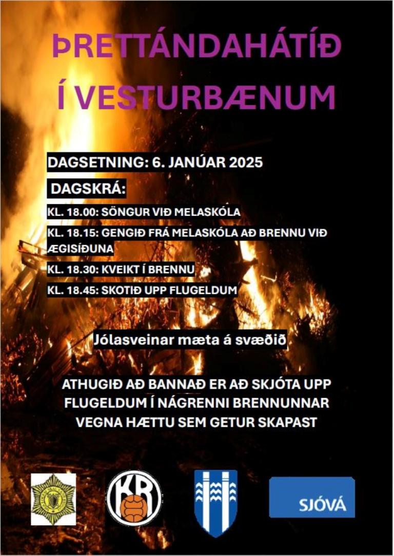 Twelfth Night bonfire schedule in Vesturbær