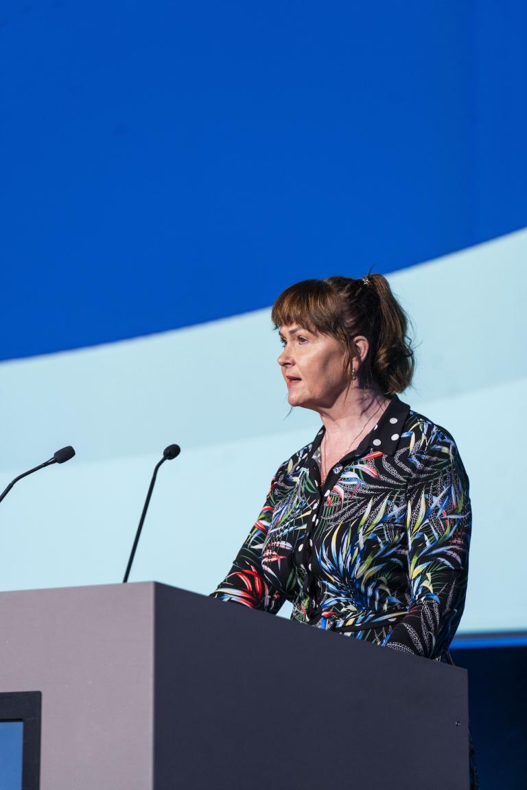 Sandra B. Franks, chair of the Licensed Practical Nurses Association of Iceland, delivers an address at Licensed Practical Nurse Day 2025. 