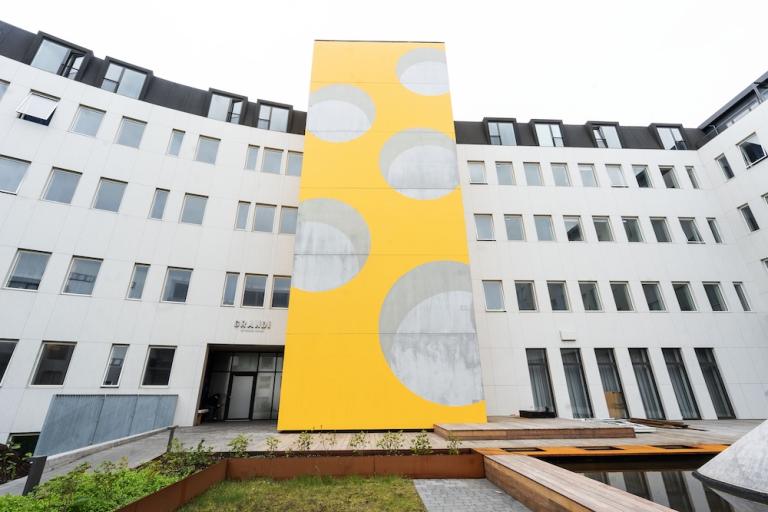 House with yellow artwork