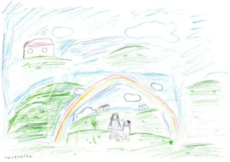 Mynd eftir Valentiu Khanh Vy Ho í 3. bekk Foldaskóla. Myndin er að tveimur börnum undir regnboga.