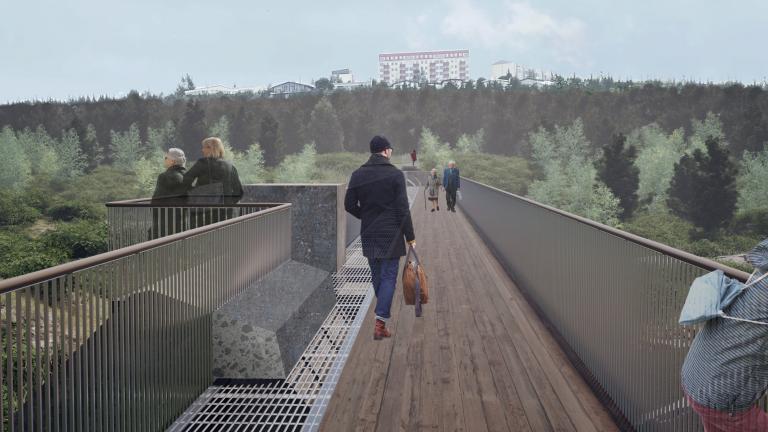 People walking across a bridge. Vegetation in the background.