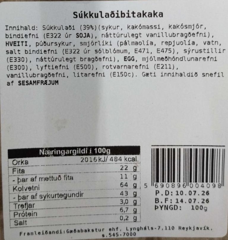 Image of the ingredient list on a chocolate chip cookie